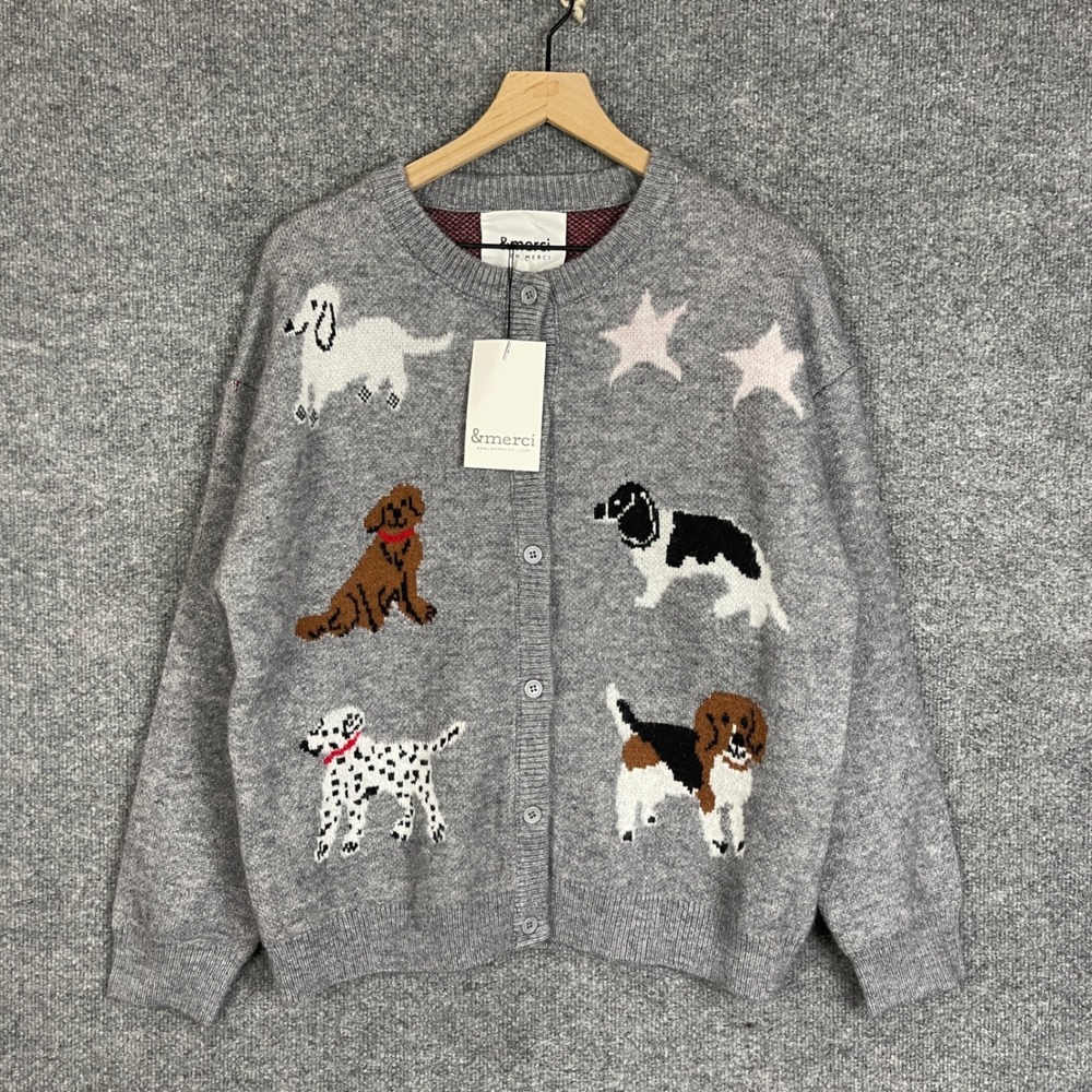 &merci Dog Intarsia Cardigan Women L Gray NEW Novelty Knit Stars Button Front